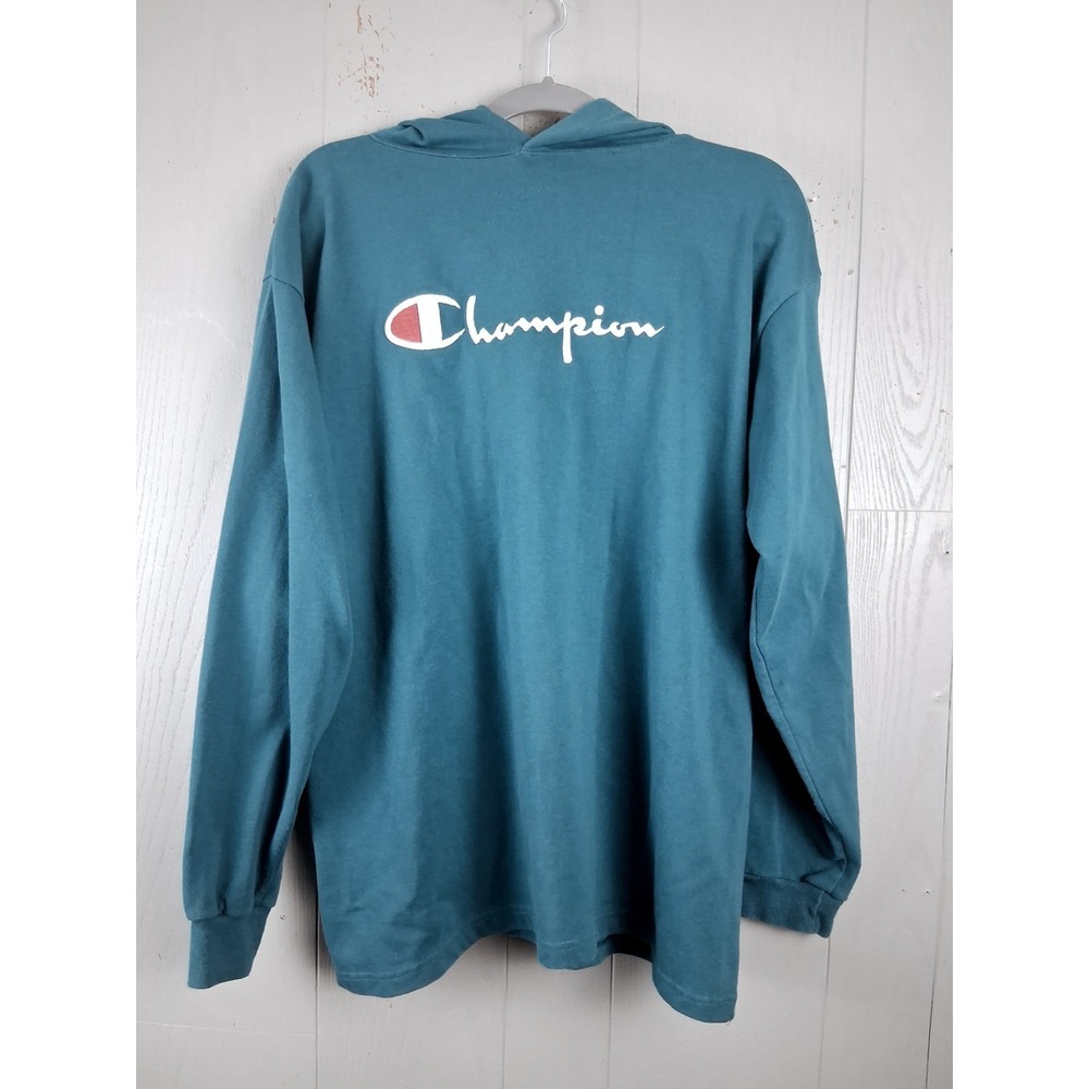 Vintage 90s Champion Lightweight Hoodie Teal Blue Made USA L Embroidered 50/50